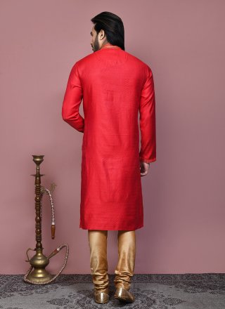 Red Cotton Silk Resham and Woven Work Kurta Pyjama