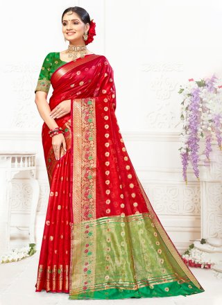 Red Cotton Thread Work Casual Sari for Casual
