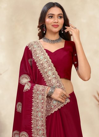 Red Crepe Silk Cord, Diamond and Embroidered Work Trendy Saree for Women