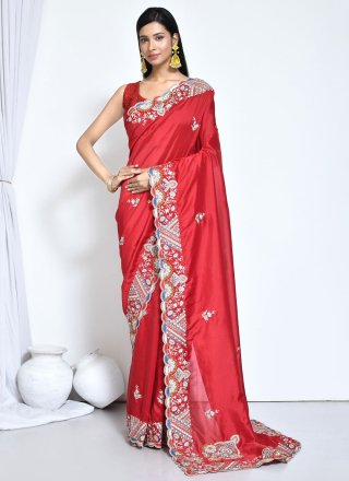Red Crepe Silk Embroidered and Sequins Work Classic Saree for Women