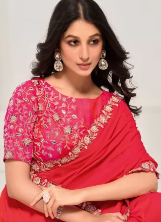 Red Crepe Silk Embroidered and Stone Work Contemporary Sari