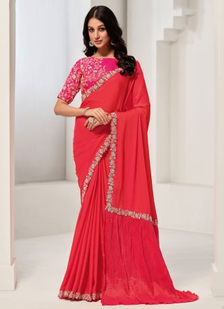 Red Crepe Silk Embroidered and Stone Work Contemporary Sari