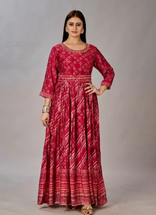 Red Digital Print, Embroidered and Sequins Work Muslin Designer Gown