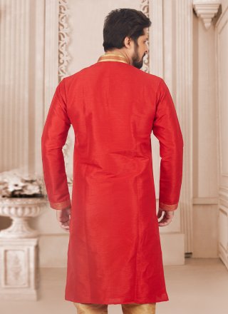Red Dupion Silk Embroidered Work Kurta Pyjama
