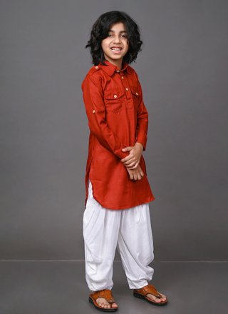 Red Dupion Silk Kurta Pyjama In Plain