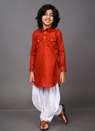 Red Dupion Silk Kurta Pyjama In Plain