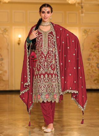 Red Embroidered and Sequins Work Silk Pant Style Suit