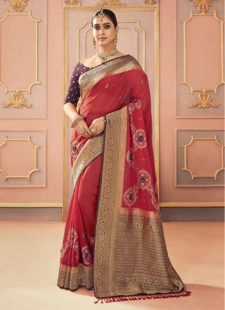 Fashionable Stone Work Embroidered Art Silk Red Saree|SARV112401