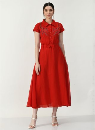 Red Embroidered Work Georgette Casual Kurti