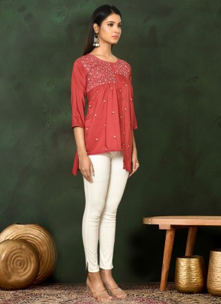 Red Embroidered Work Viscose Designer Kurti