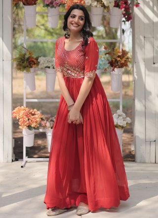 Red Faux Georgette  Designer Gown