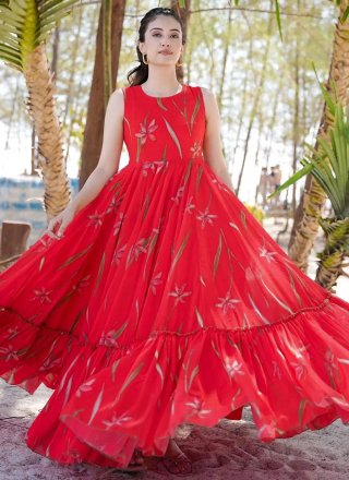 Red Faux Georgette  Designer Gown