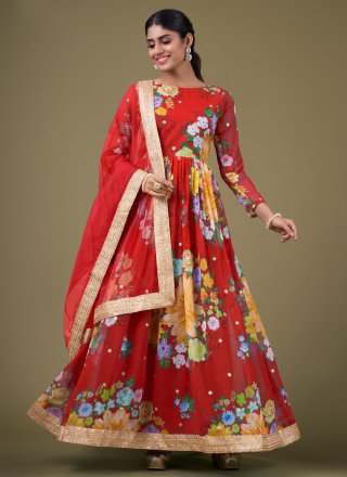 Red Faux Georgette Digital Print, Sequins and Zari Work Salwar Suit for Ceremonial