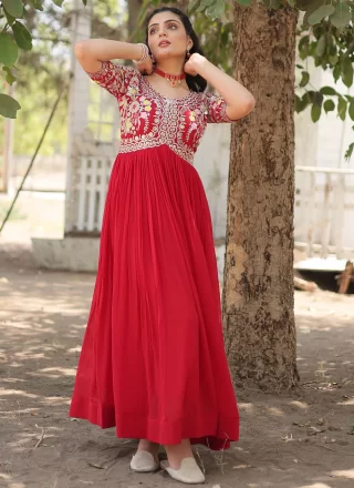 Red Faux Georgette Embroidered and Sequins Work  Designer Gown