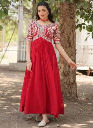 Red Faux Georgette Embroidered and Sequins Work  Designer Gown