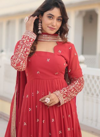 Red Faux Georgette Embroidered and Sequins Work Designer Gown for Women