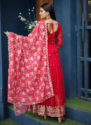 Red Faux Georgette Embroidered, Sequins and Zari Work  Designer Gown