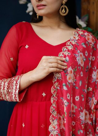 Red Faux Georgette Embroidered, Sequins and Zari Work  Designer Gown
