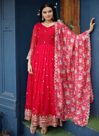 Red Faux Georgette Embroidered, Sequins and Zari Work  Designer Gown