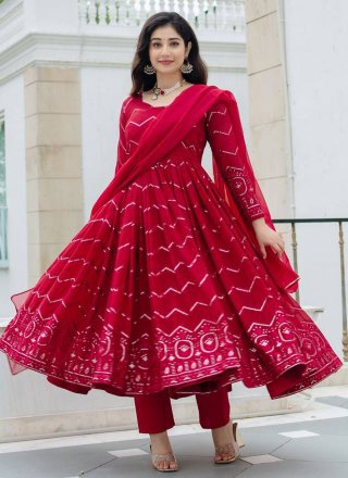 Red Faux Georgette Embroidered Work Salwar Suit