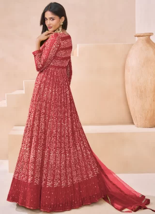Red Faux Georgette Embroidered Work Salwar Suit