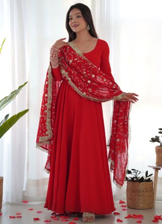 Red Faux Georgette Salwar Suit with Embroidered, Plain, Sequins and Zari Work for Women