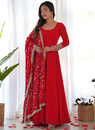 Red Faux Georgette Salwar Suit with Embroidered, Plain, Sequins and Zari Work for Women