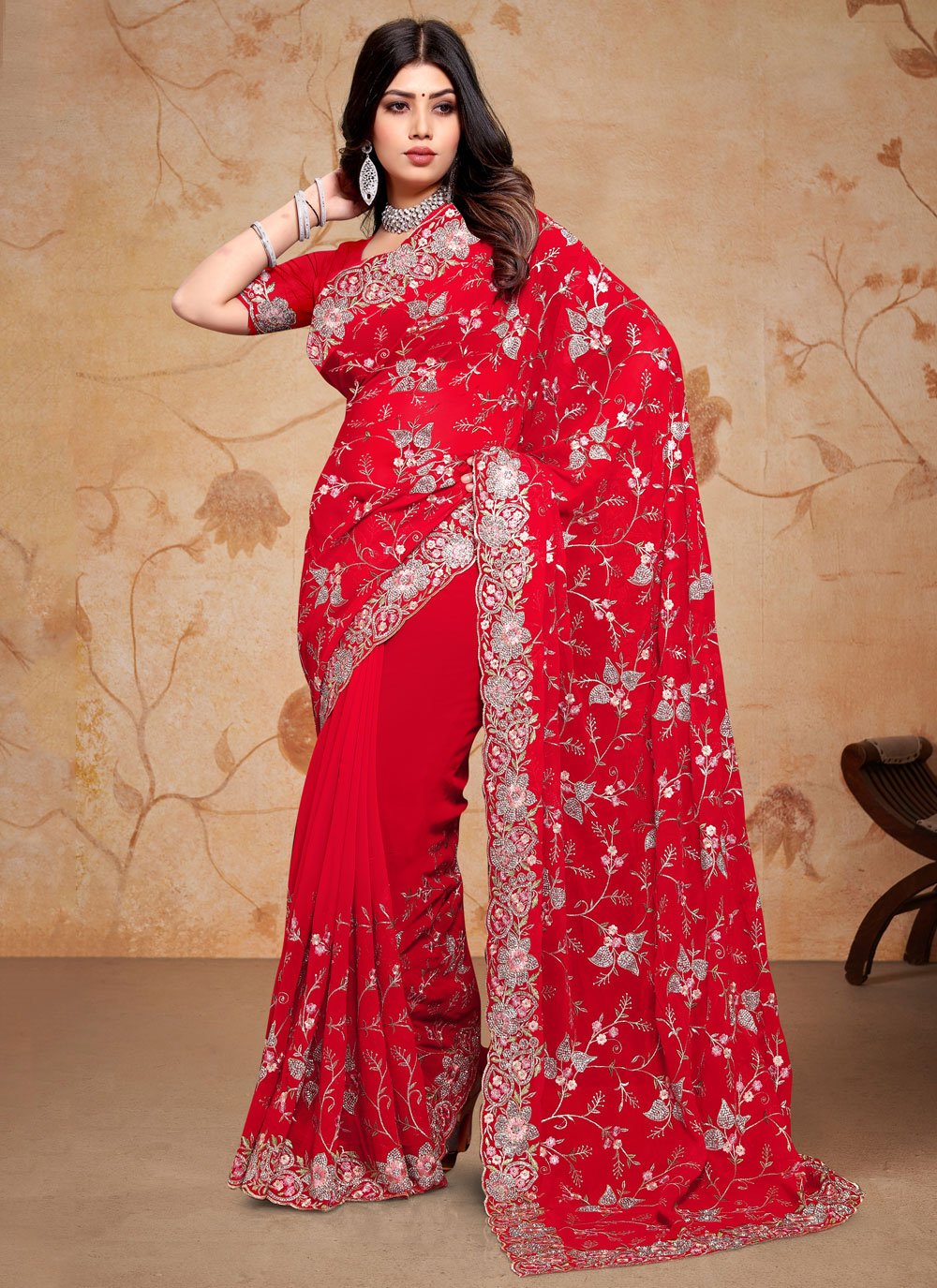 Buy Red Chikankari Saree Georgette for Women Full Work Embroidery With  Blouse, FREE Body Shaper Online in India - Etsy