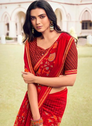 Red Georgette Classic Saree with Print Work
