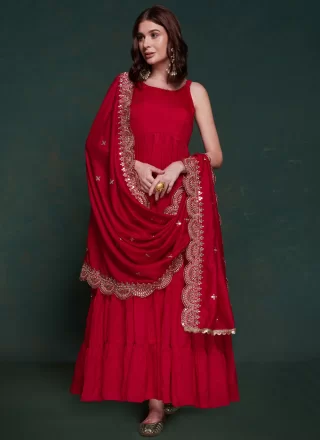 Red Georgette Designer Gown In Plain for Ceremonial