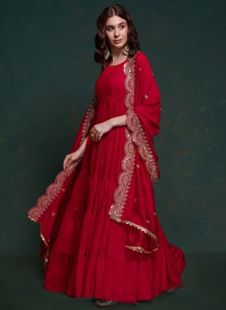 Red Georgette Designer Gown In Plain for Ceremonial