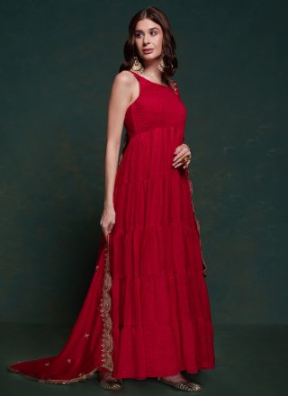 Red Georgette Designer Gown In Plain for Ceremonial