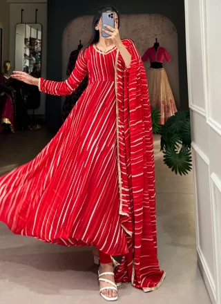 Red Georgette Designer Gown with Lace and Print Work for Casual