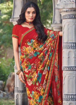 Red Georgette Designer Sari with Floral Patch Work