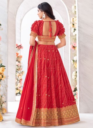Red Georgette Digital Print, Embroidered and Sequins Work Readymade Lehenga Choli