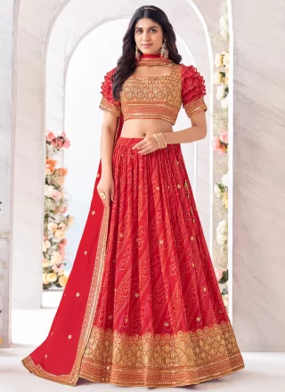 Red Georgette Digital Print, Embroidered and Sequins Work Readymade Lehenga Choli