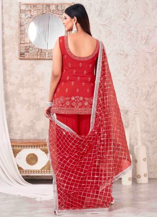 Red Georgette Embroidered and Mirror Work Salwar Suit