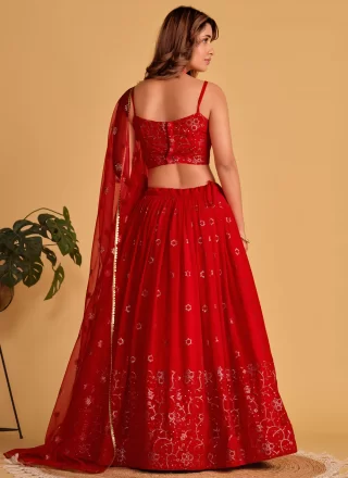 Red Georgette Embroidered, Sequins and Thread Work A - Line Lehenga Choli for Ceremonial