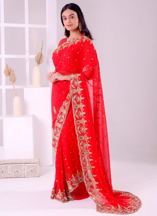 Red Georgette Embroidered, Stone and Thread Work Contemporary Sari