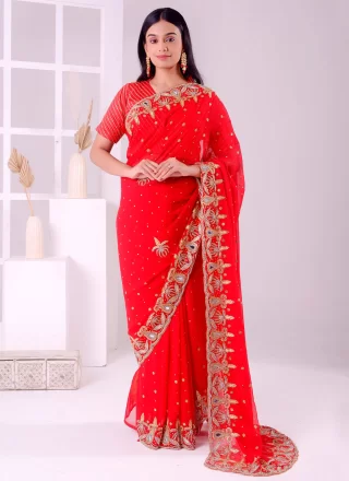 Red Georgette Embroidered, Stone and Thread Work Contemporary Sari