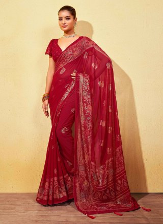 Red Georgette Foil Print Work Trendy Saree for Casual