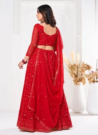 Red Georgette Lehenga Choli with Embroidered and Sequins Work for Women