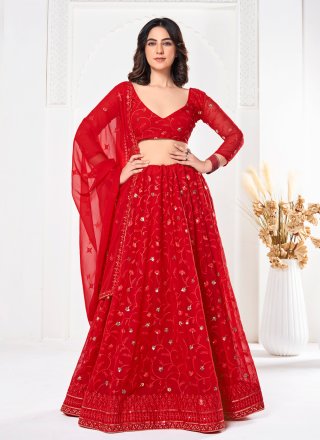 Red Georgette Lehenga Choli with Embroidered and Sequins Work for Women