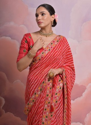 Red Georgette Patch Border and Print Work Classic Saree for Ceremonial