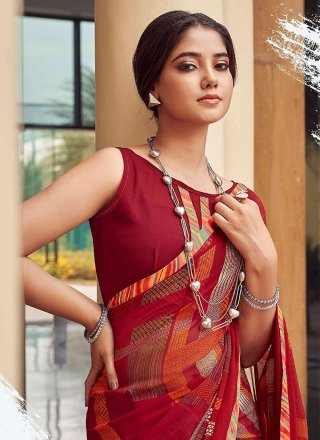 Red Georgette Print Work Classic Saree for Women
