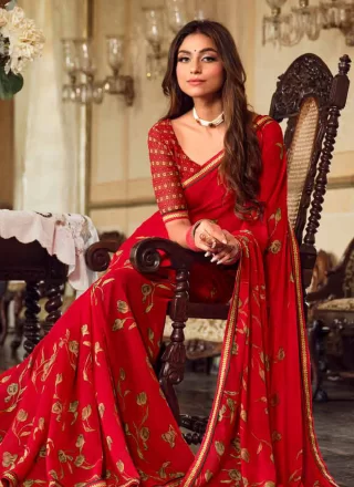 Red Georgette Print Work Traditional Saree