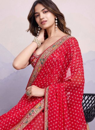 Red Georgette Trendy Saree with Patch Border, Embroidered and Print Work for Ceremonial