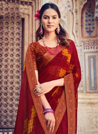 Red Georgette Trendy Saree with Print Work for Ceremonial