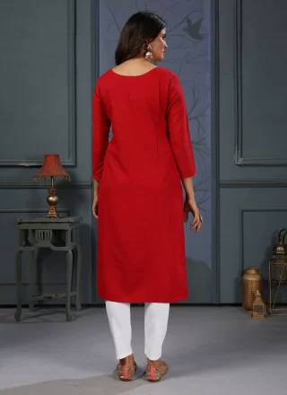 Red Hand Work Cotton Casual Kurti