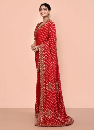 Red Jacquard Hand Work Designer Saree